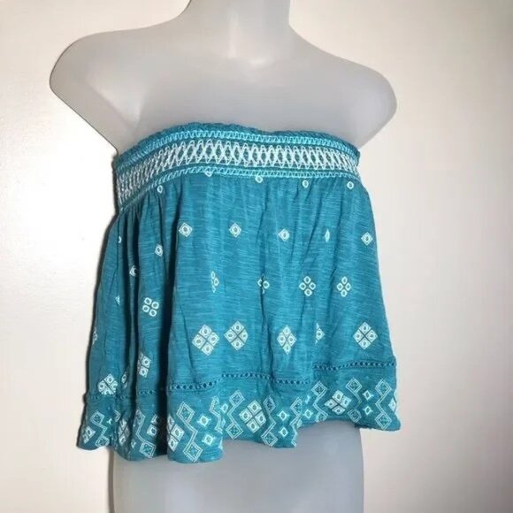 CAPE JUBY BY AEROPOSTALE STRAPLESS TEAL/WHITE EMBROIDERED BOHO TOP XS-EUC - Picture 1 of 9